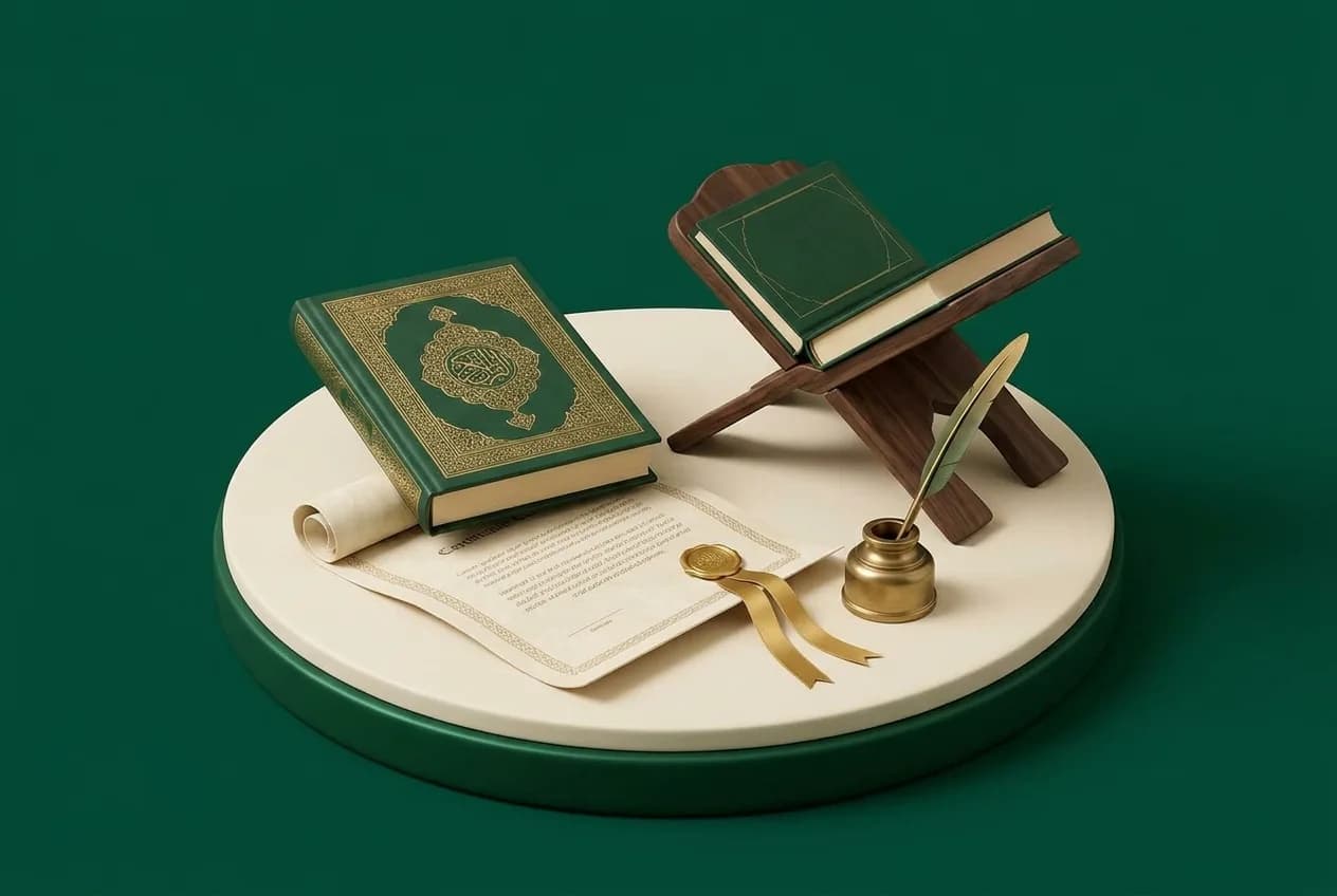 Authentic Islamic scholarship heritage: Holy Quran, academic scroll, walnut rehl and brass quill on emerald studio background
