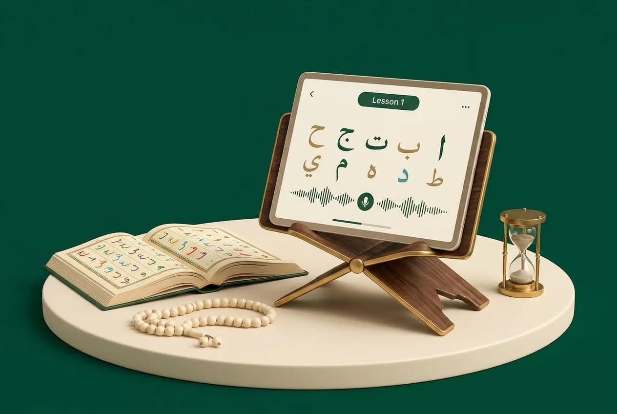 Modern online Quran lesson interface on tablet, Noorani Qaida book, ivory prayer beads and hourglass