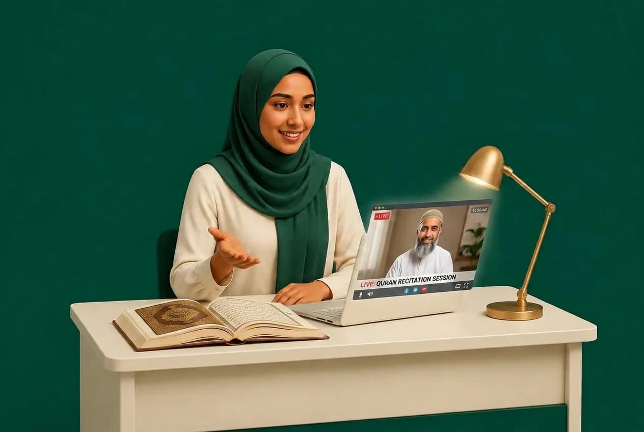 3D render of student engaged in online recitation session with scholar on laptop, warm ambient lighting and brass rehl