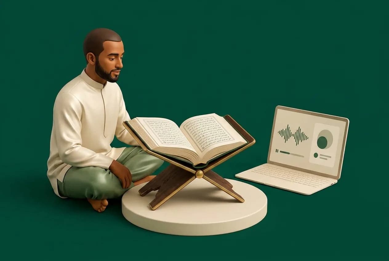 Adult learner in 1-on-1 Quran recitation session with certified scholar and audio waveform