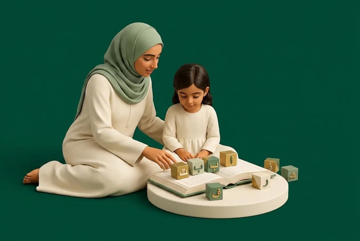 Mother and young daughter learning Noorani Qaida with geometric Arabic alphabet blocks