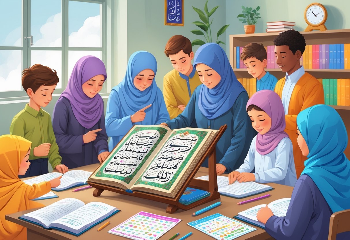 A group of people studying the Quran with Tajweed materials in a calm classroom setting.