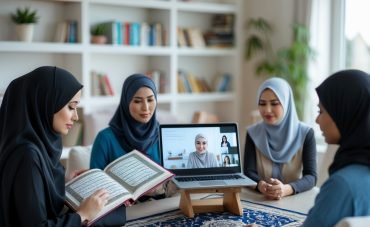 A woman wearing a hijab studies the Quran at home using a laptop to attend an online class with a female teacher.