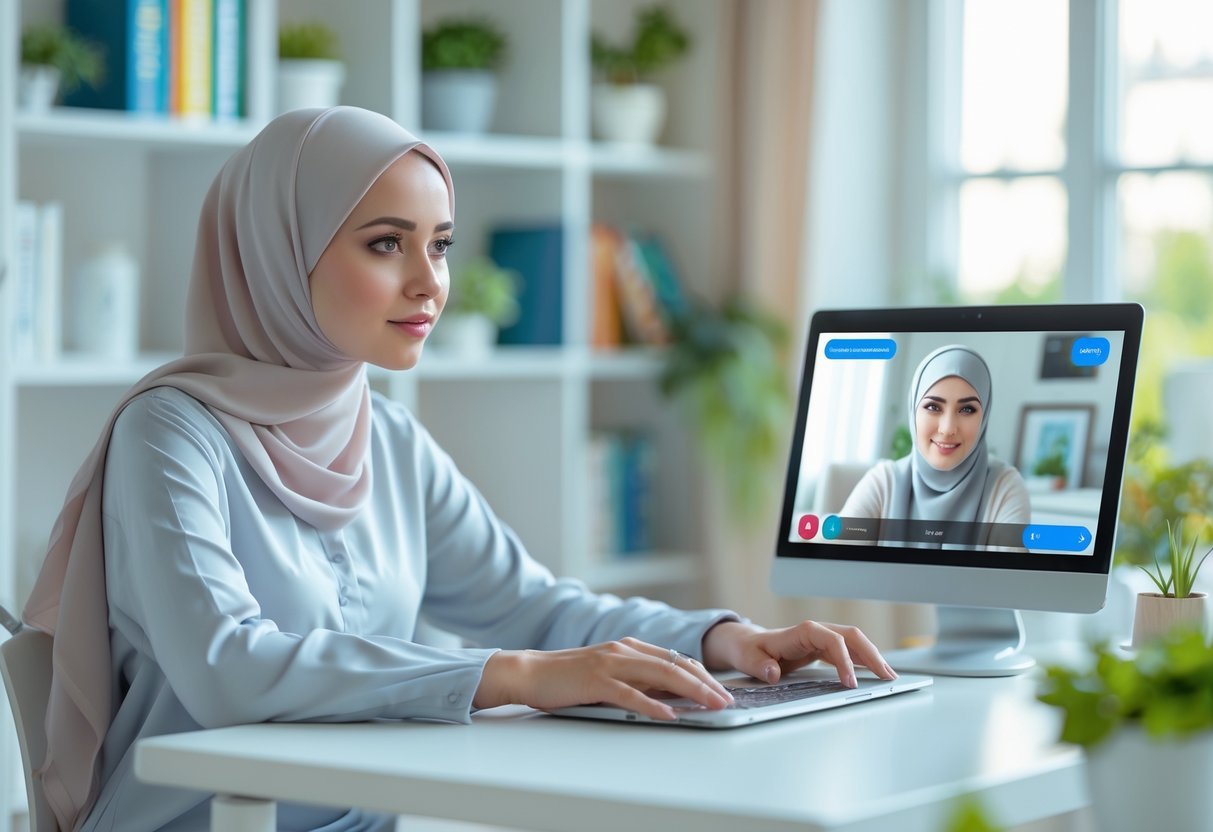 A young woman wearing a hijab is attentively learning Quran online from a female teacher visible on a laptop screen in a bright home study.