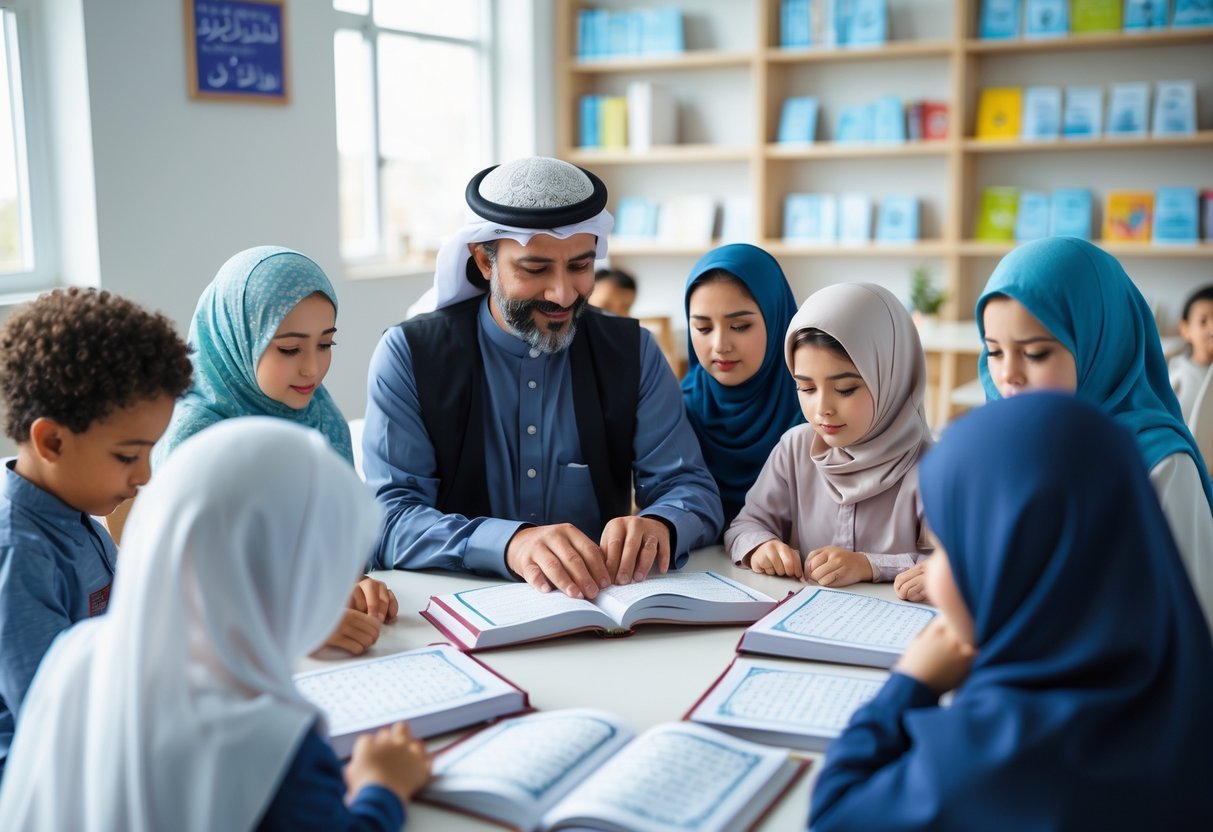 A group of beginners learning to read the Quran in a bright classroom with an instructor guiding them.