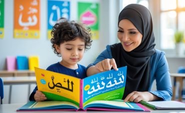 A child and a teacher sitting at a desk, learning the Arabic alphabet together with an open book in a bright classroom.