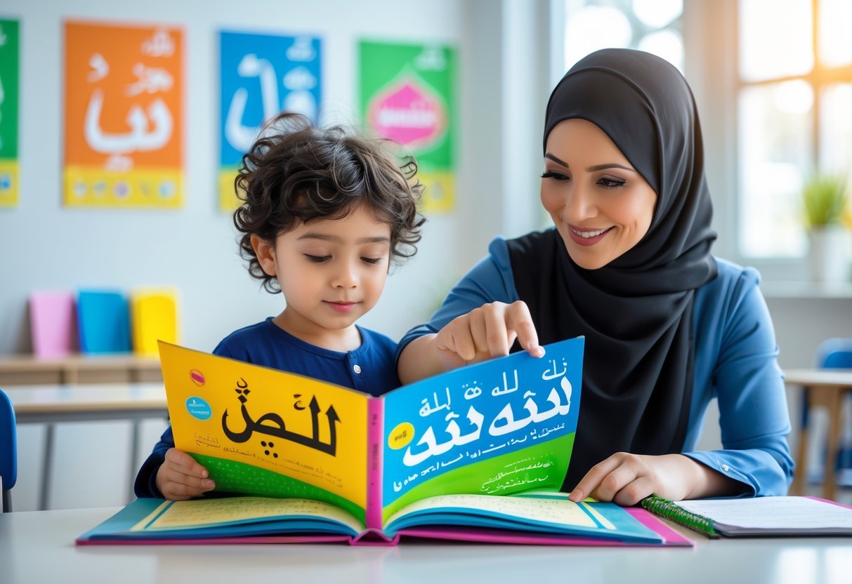 A child and a teacher sitting at a desk, learning the Arabic alphabet together with an open book in a bright classroom.