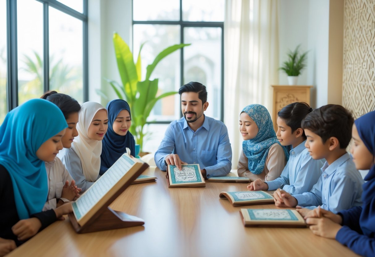 A teacher guiding a group of young students reading the Quran in a bright classroom setting.