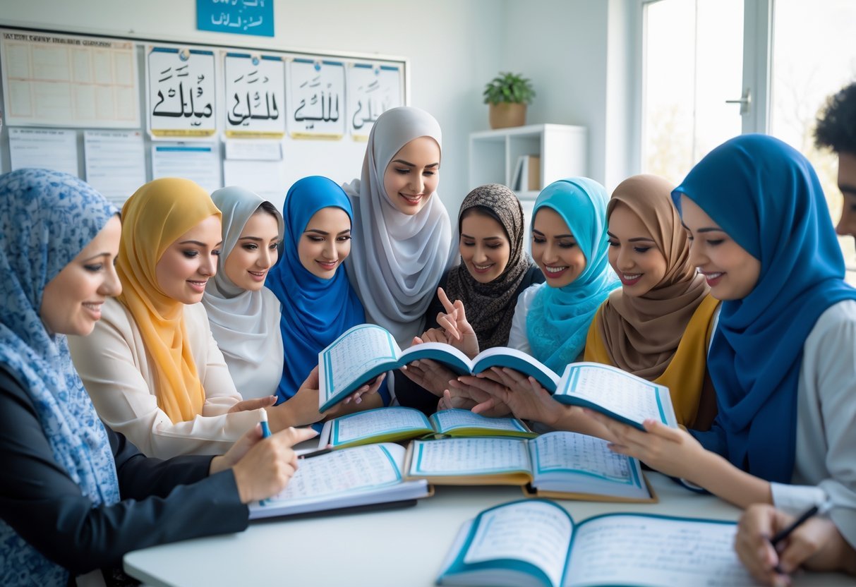 A teacher guiding a diverse group of adult students reading the Quran in a bright classroom, with a certificate on a table nearby.