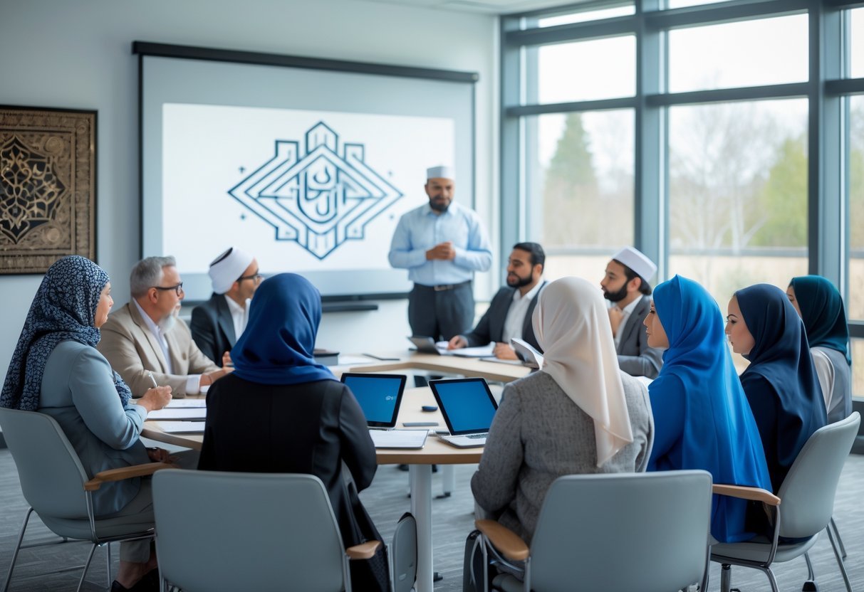 Adults participating in Na’at training in a bright classroom with Islamic art. UK Quran Academy