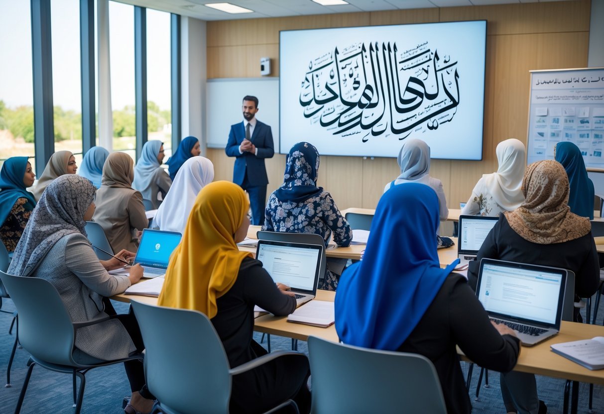 Adult students learning from an instructor in a bright classroom with Islamic calligraphy. UK Quran Academy