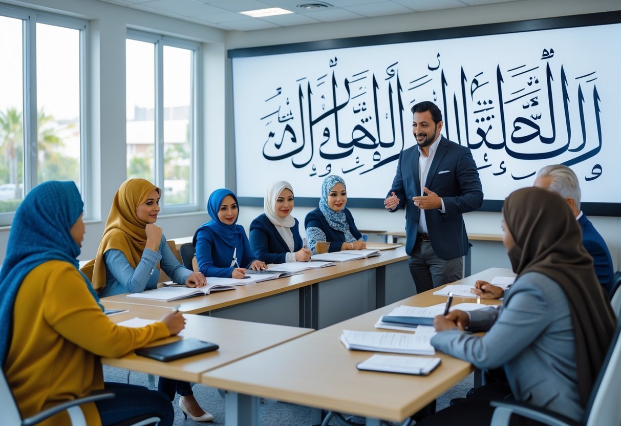 Adults learning in a bright classroom during a Na’at training session with an instructor. UK Quran Academy