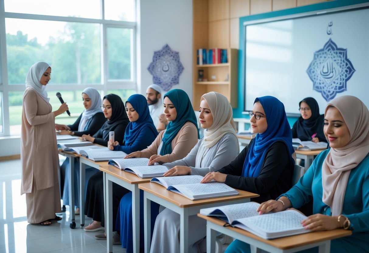 Adult students at UK Quran Academy practising Quranic and Na’at recitation with an instructor in a bright, welcoming classroom.