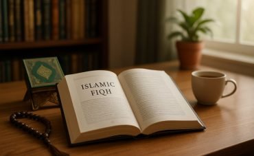 A well-lit study desk featuring an open Islamic fiqh book, prayer beads, a Quran stand, and a cup of tea near a window with soft, natural light.