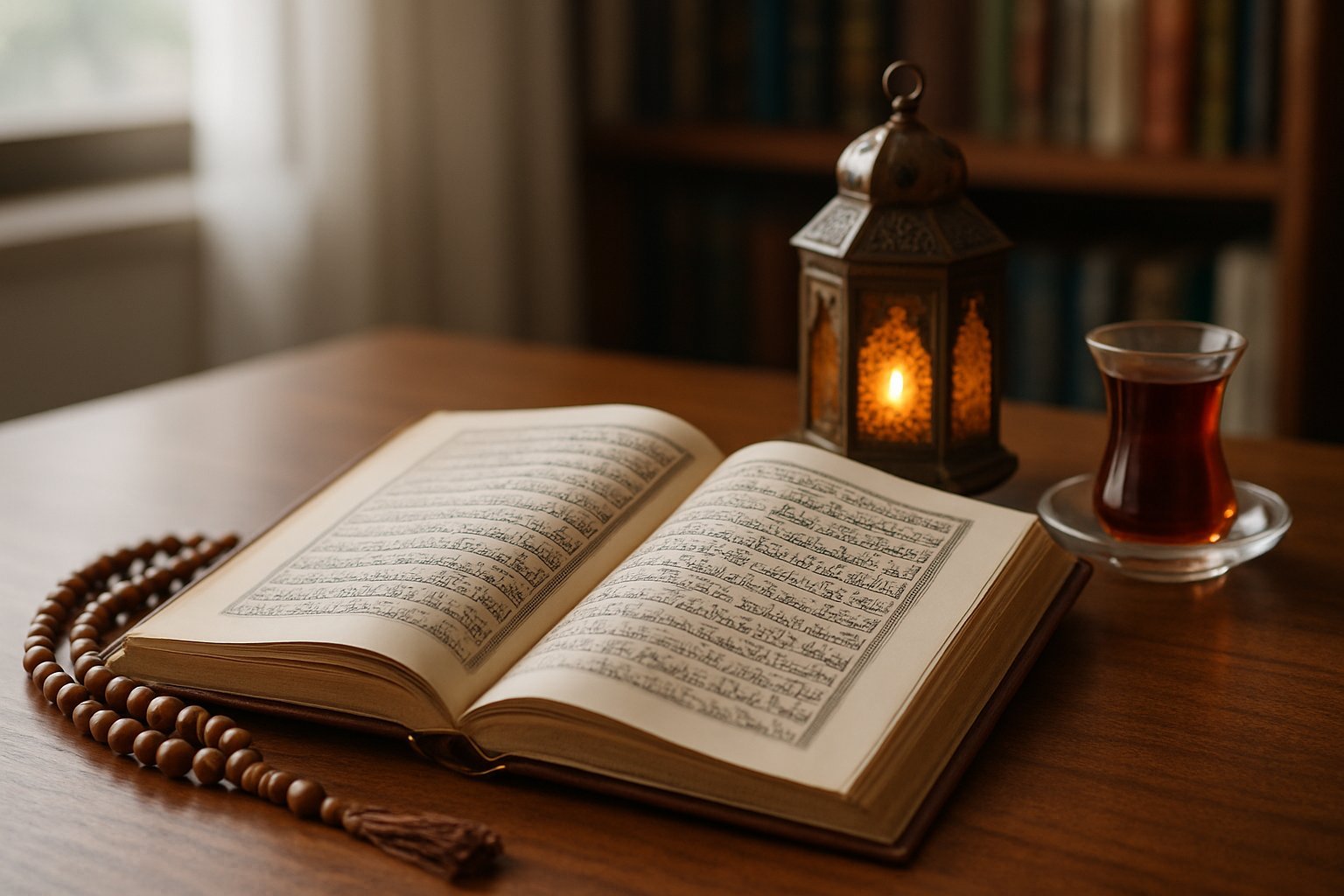 A calm study scene: open Islamic book on a wooden desk, prayer beads, a lantern, and a cup of tea.