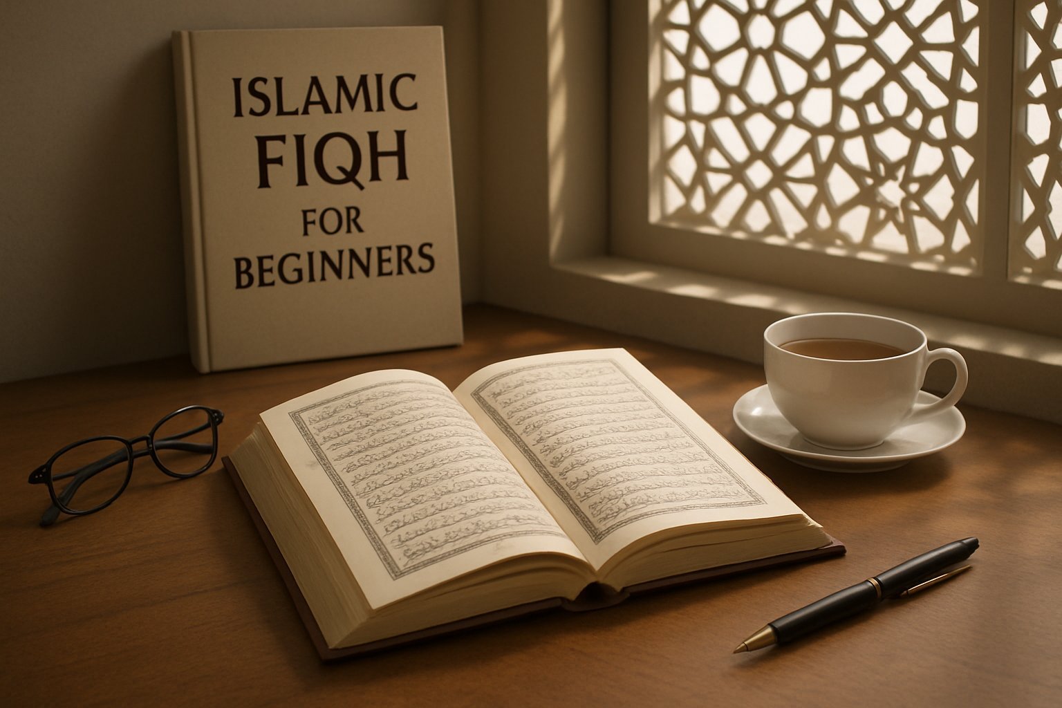 An inviting study space: open Islamic book with Arabic script, reading glasses, a pen, a cup of tea, and sunlight streaming through a window with Islamic patterns.