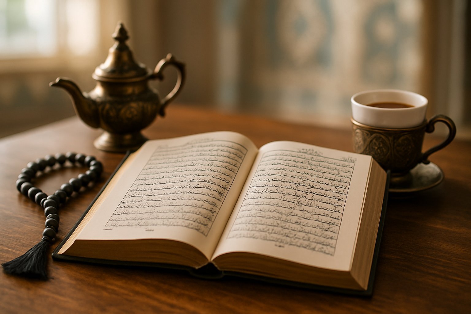 A peaceful study corner: open Islamic fiqh book, prayer beads, a brass lamp, and a cup of tea, softly lit on a wooden desk.