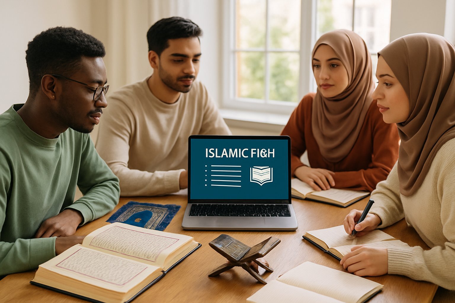 Young adults sitting around a table, studying Islamic Fiqh together with books, notebooks, and a laptop. The room is bright, welcoming, and modern—perfect for focused learning.