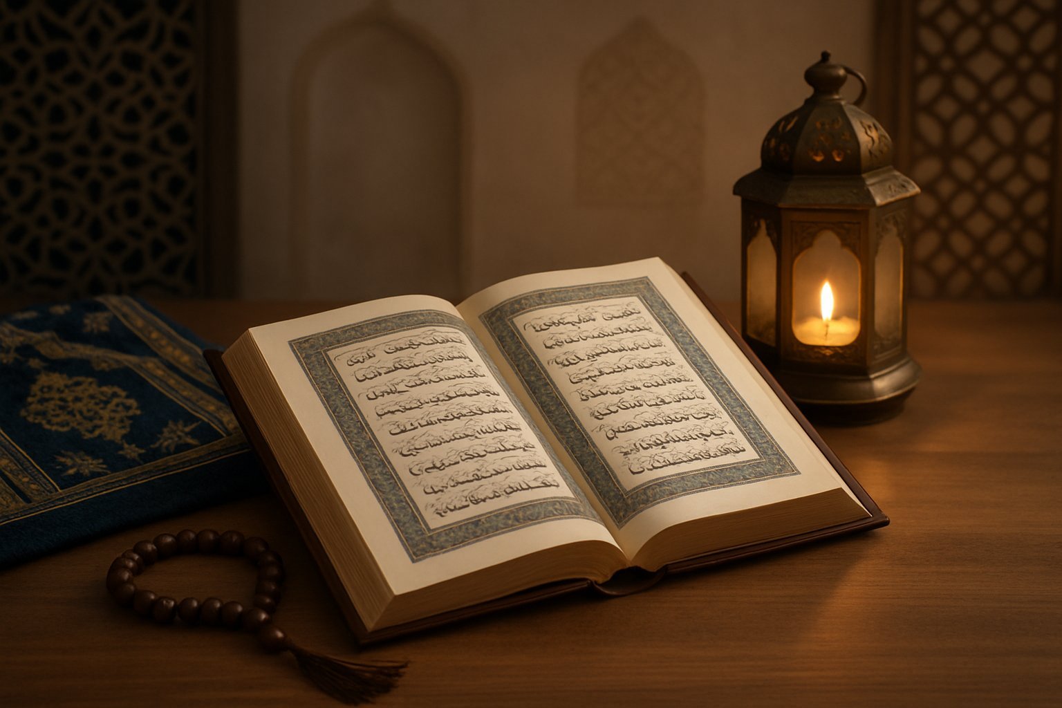 Open Islamic book with Arabic script on a wooden desk, surrounded by prayer beads, a prayer rug, and a glowing lantern. The scene feels peaceful and inviting for study.