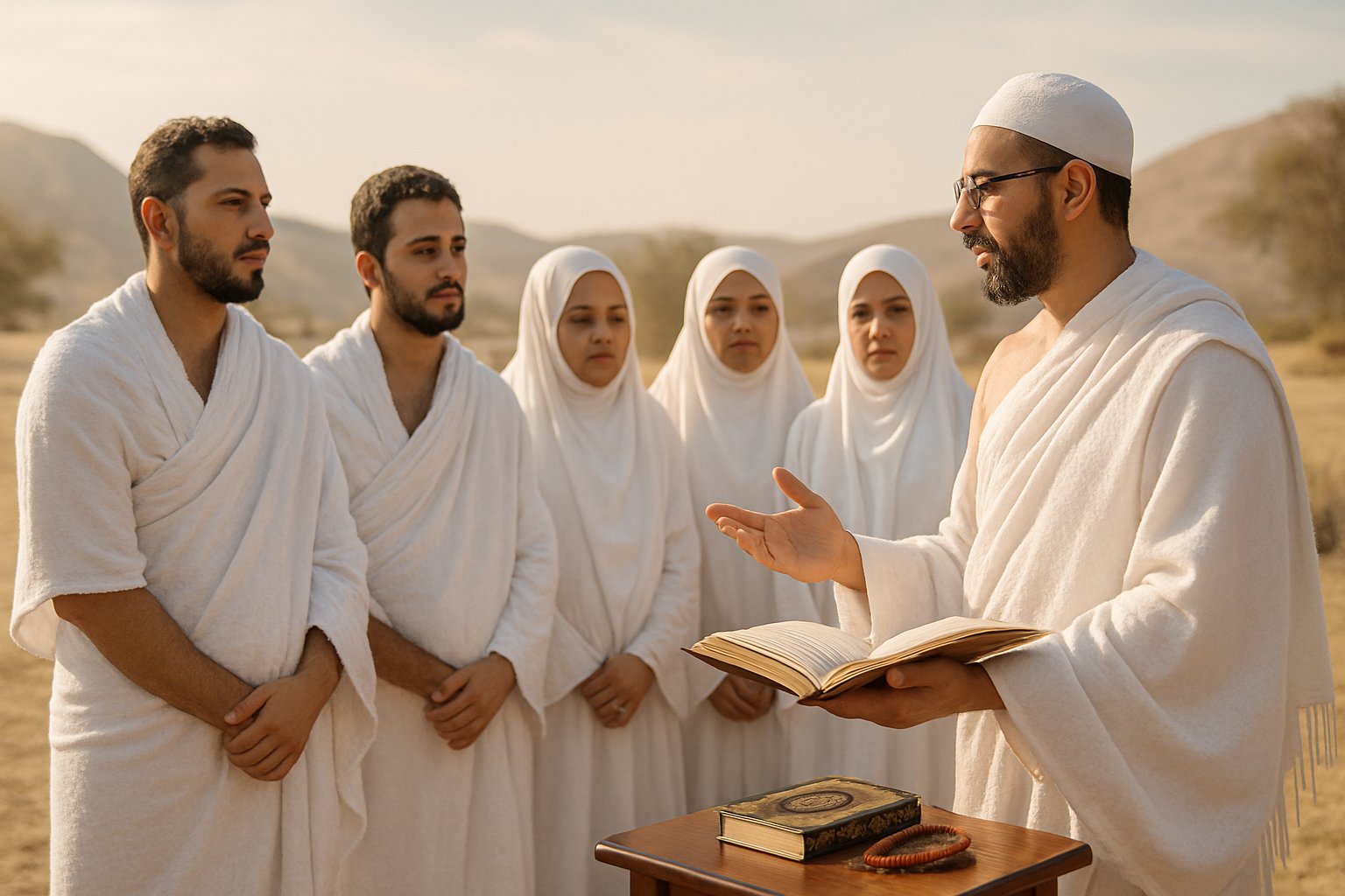 People in white Ihram clothes listening to an Islamic scholar explain Hajj rituals outdoors. The group looks engaged and the setting is bright and lively.