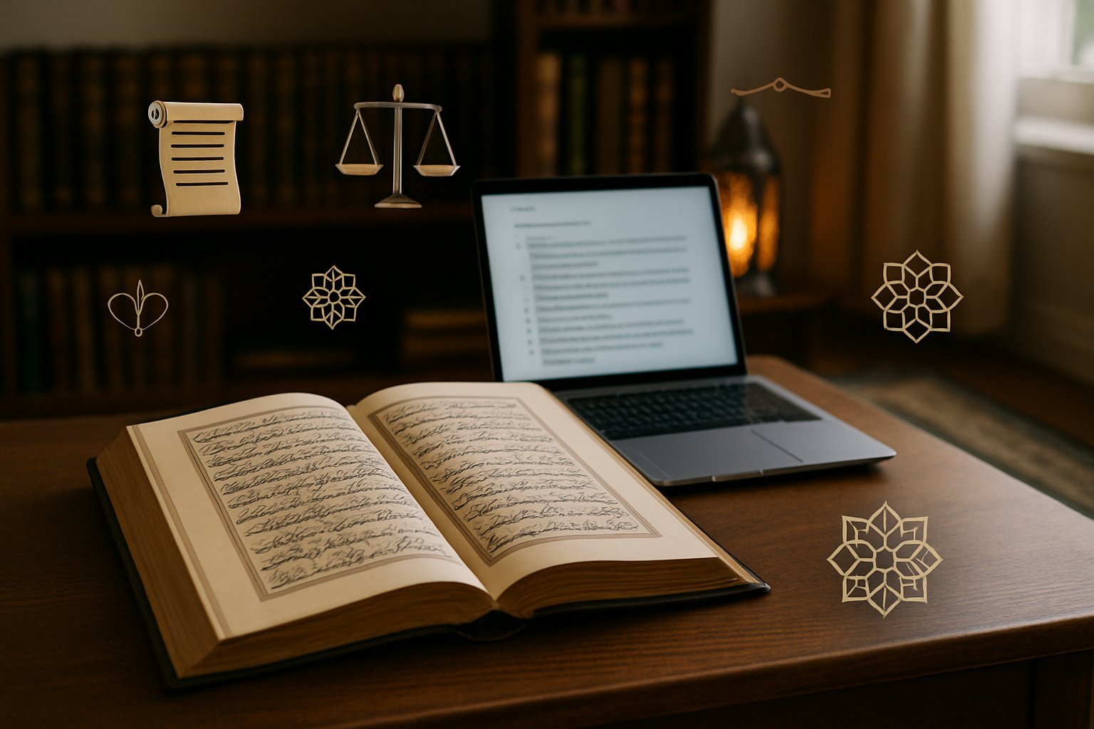 A beautifully lit study room with bookshelves, an open traditional Islamic book, and a laptop. Symbols of the four main Islamic schools of thought surround the desk, giving a scholarly yet welcoming vibe.