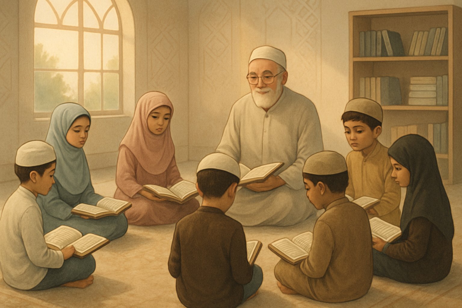 Children and a teacher in a circle, reading and memorising the Quran together at UK Quran Academy.