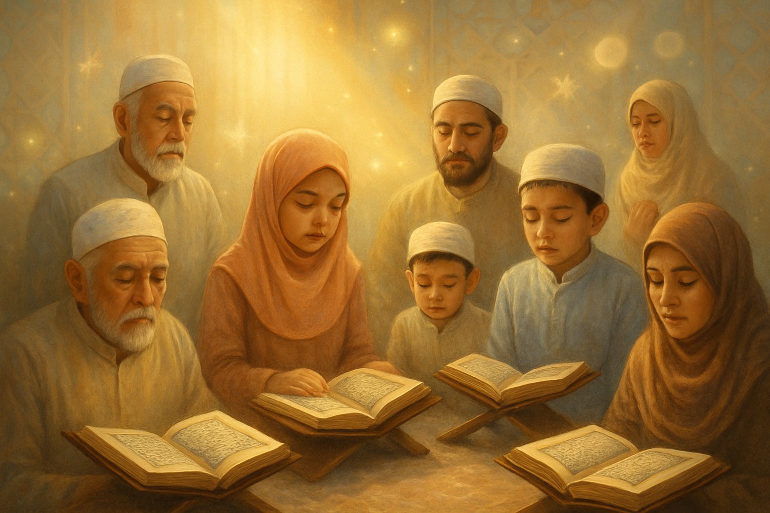People of all ages memorising the Quran together in a sunlit UK Quran Academy classroom, surrounded by open Quranic texts.