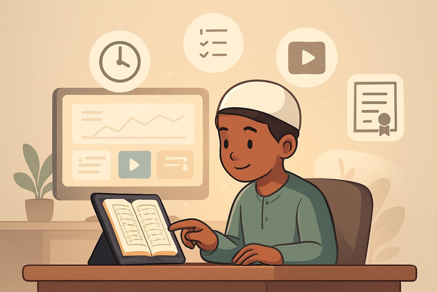 A student at UK Quran Academy studying Quran on a tablet, surrounded by icons for flexible timing, tracking, and achievement.
