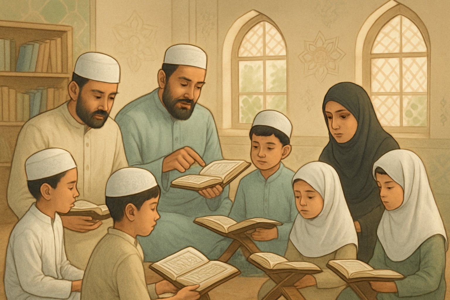 UK Quran Academy instructors and students learning Quran together in a calm, focused classroom.