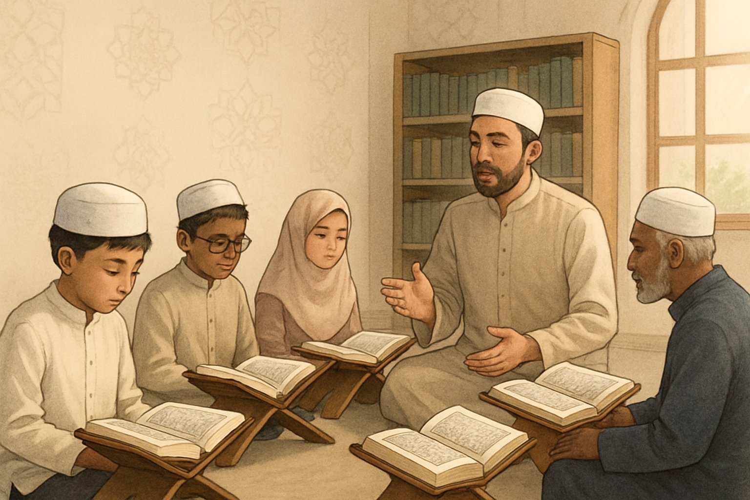 UK Quran Academy teacher guiding students in a vibrant classroom, Qurans open, surrounded by Islamic books and warm decor.
