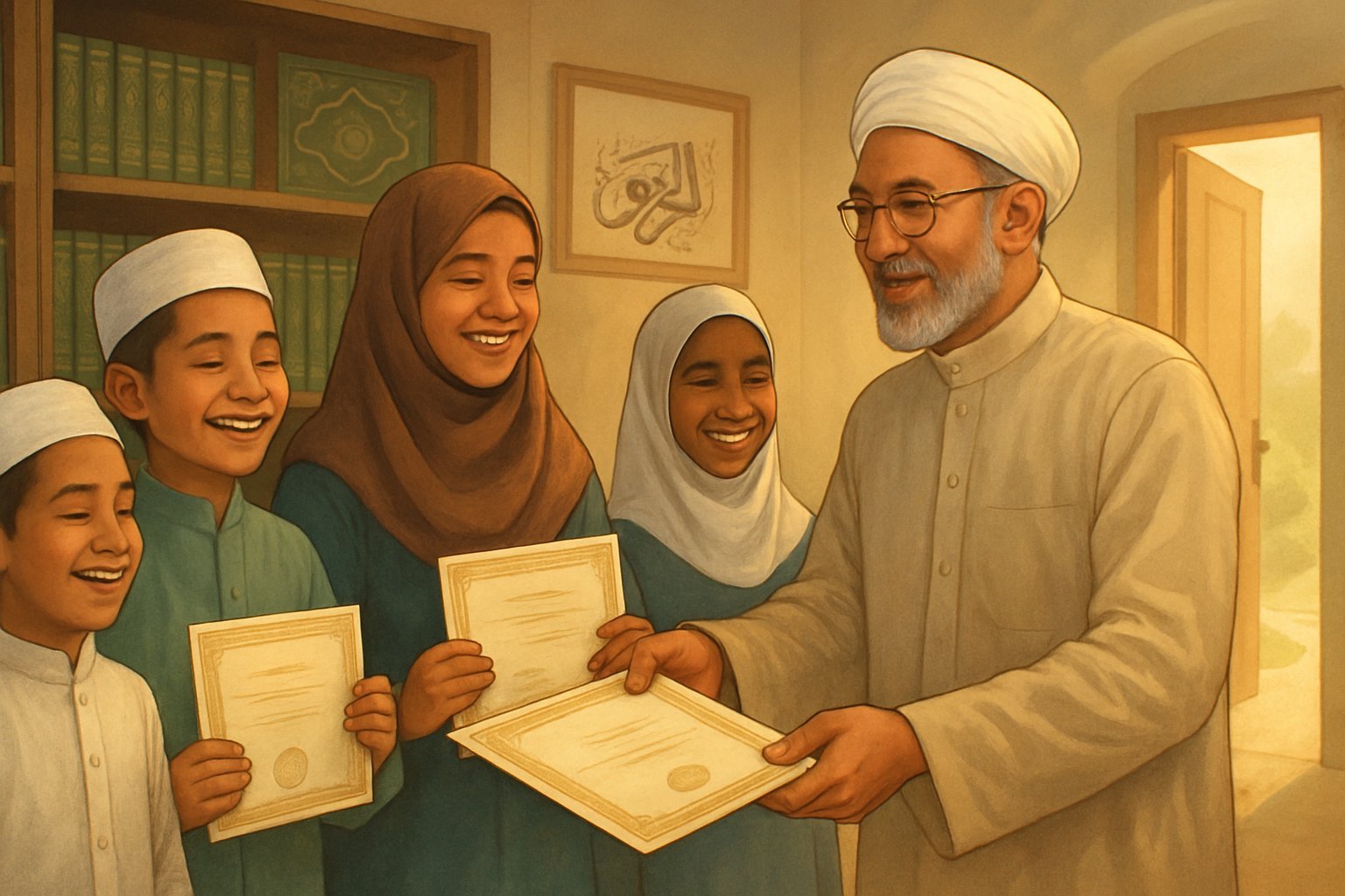 UK Quran Academy students in traditional dress proudly receiving Ijazah certificates from a scholar, surrounded by Qurans and bookshelves.
