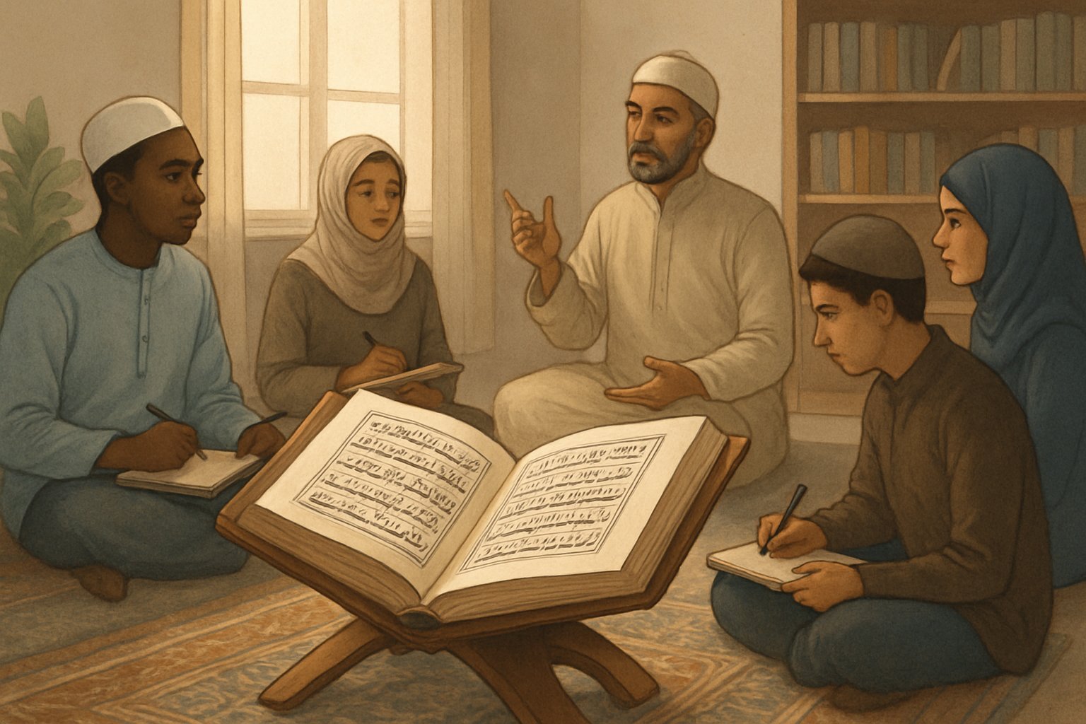 Students learning from a teacher with an open Quran on a wooden stand in a peaceful study room at UK Quran Academy.