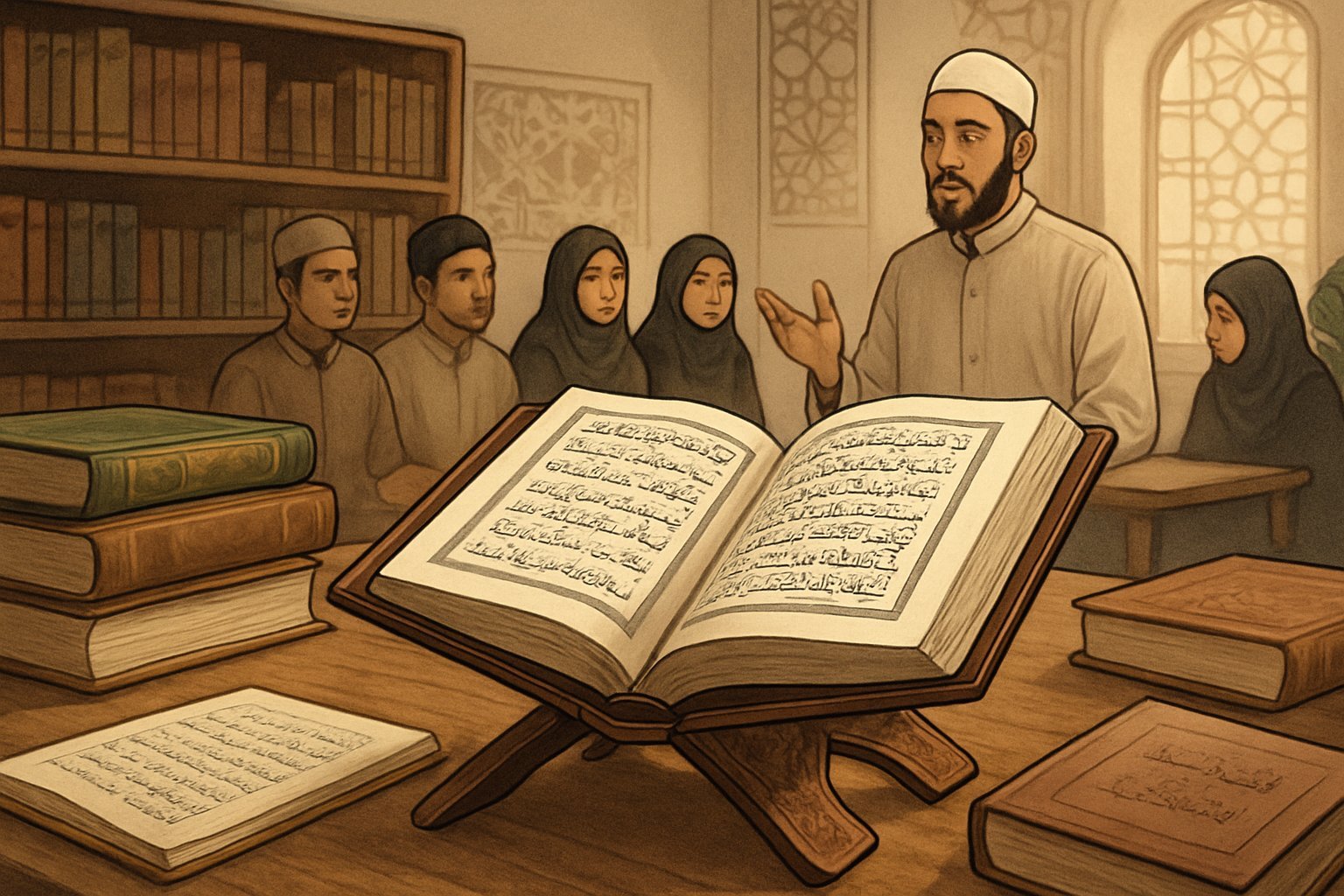 Students studying the Quran with a teacher in a peaceful, book-filled room at UK Quran Academy.