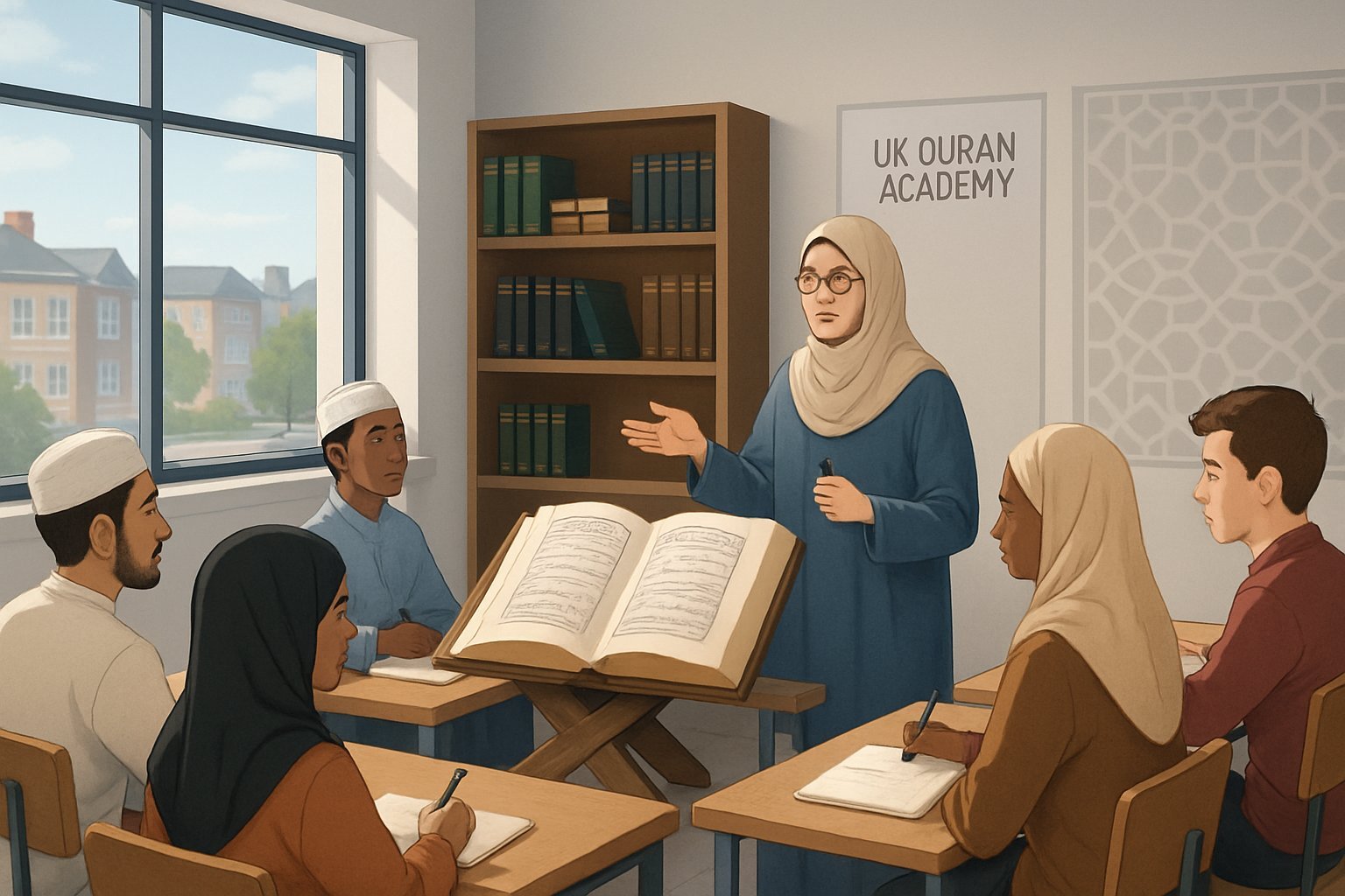 A teacher explaining the Quran to a diverse group of students in a UK Quran Academy classroom.