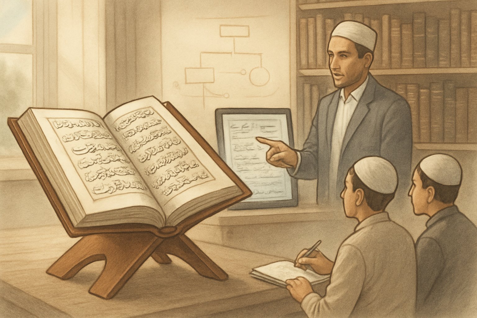A close-up of an open Quran on a carved wooden stand, with a teacher holding a tablet displaying Quranic verses to a group of engaged students in a well-lit study room lined with Islamic bookshelves.
