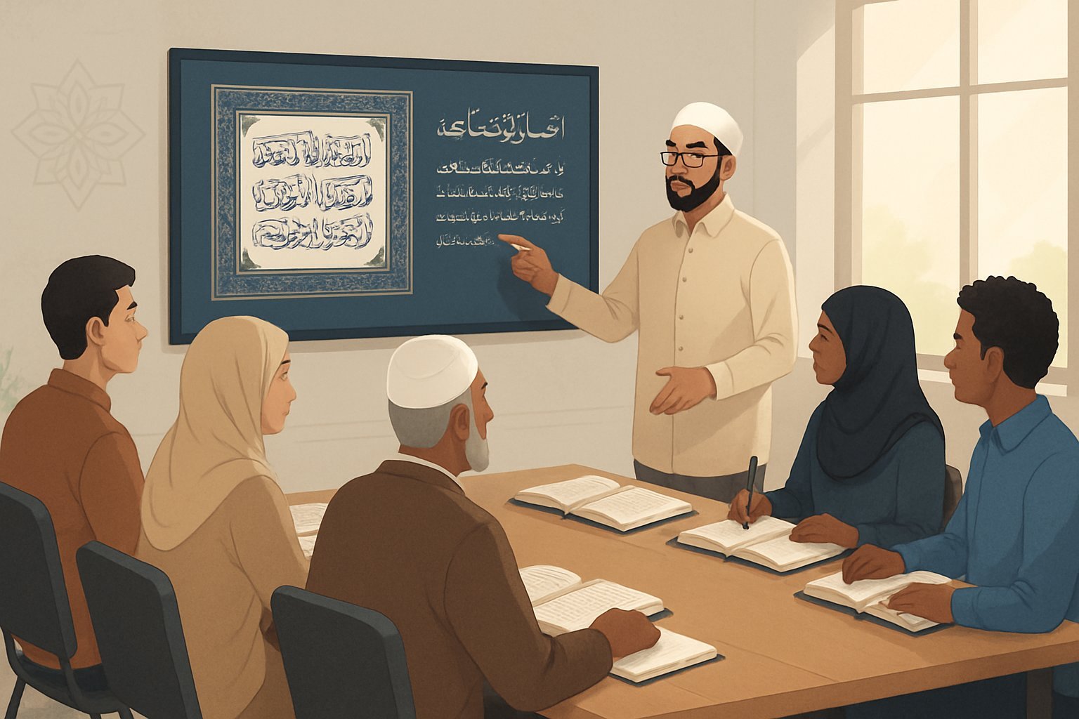 A diverse group of adults and teenagers learning together in a bright classroom, with an instructor pointing to Quranic verses on a digital board.
