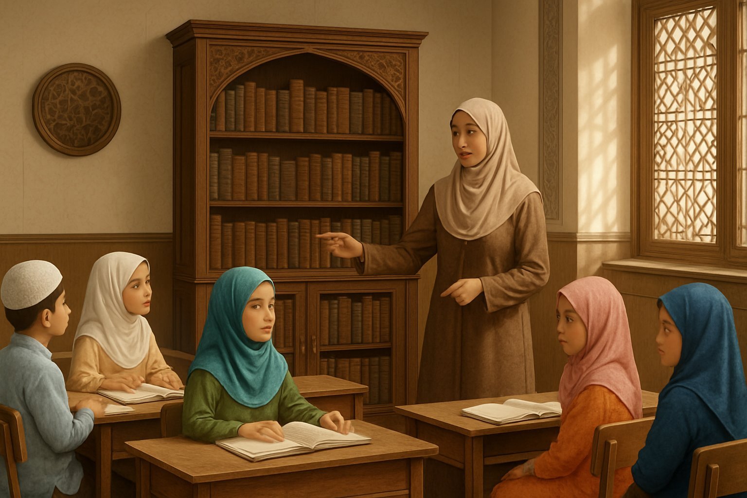 An Islamic female teacher in hijab is teaching a group of children, all wearing hijabs and Islamic clothing, in a classroom setting.