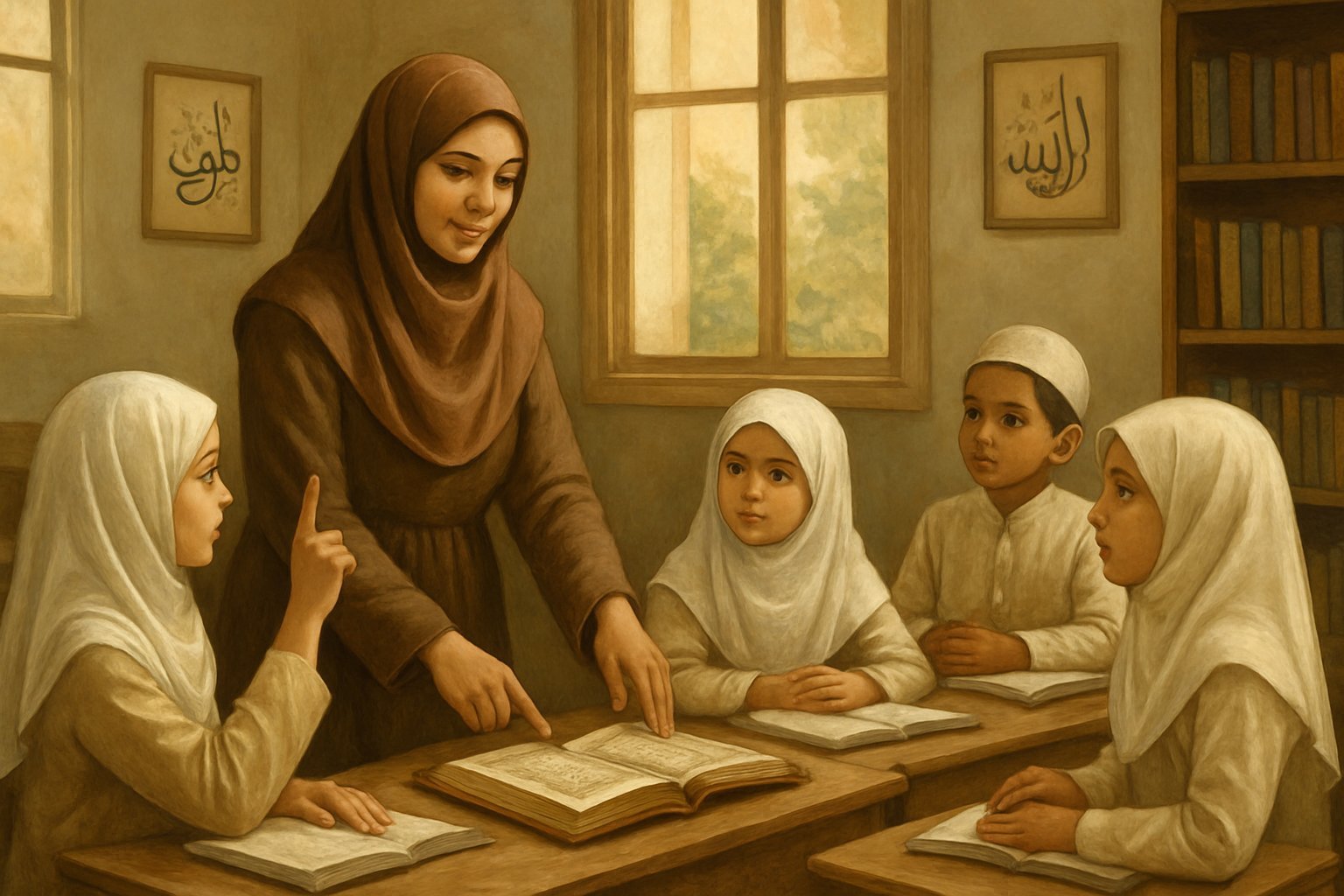 A female teacher in hijab is teaching a group of children, all wearing Islamic dress, in a classroom setting.