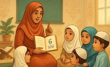 A female teacher in a hijab teaching a group of children, all wearing Islamic clothing, in a classroom setting.