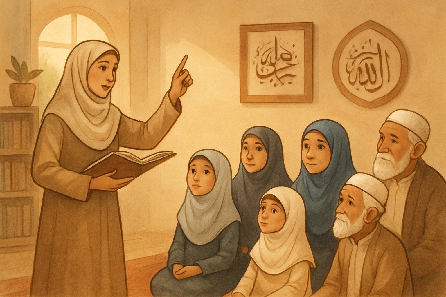 A female teacher in hijab is teaching a group of children and elders, all wearing Islamic dress, in a classroom setting.