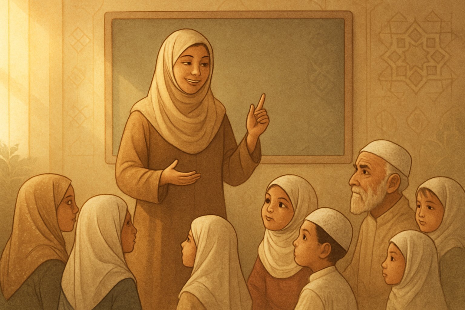 A female teacher wearing a hijab is teaching children and elders who are also dressed in Islamic clothing and hijabs in a classroom setting.