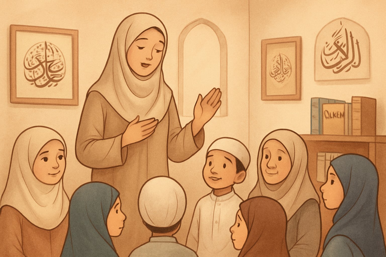 A female Islamic teacher in hijab teaching children and elders, all wearing hijabs and Islamic clothing, in a classroom setting focused on Quranic learning.
