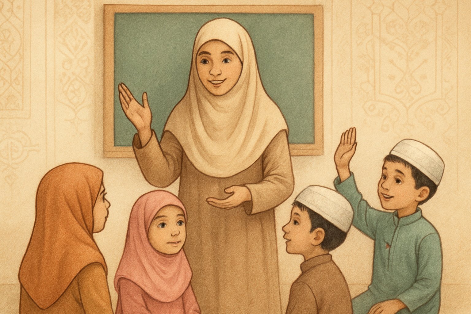 A female Islamic teacher wearing a hijab is teaching young students who are also dressed in Islamic clothing and hijabs in a classroom setting.