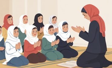 Female teacher in hijab guides young students in Islamic dress on Namaz steps in a bright UK classroom.