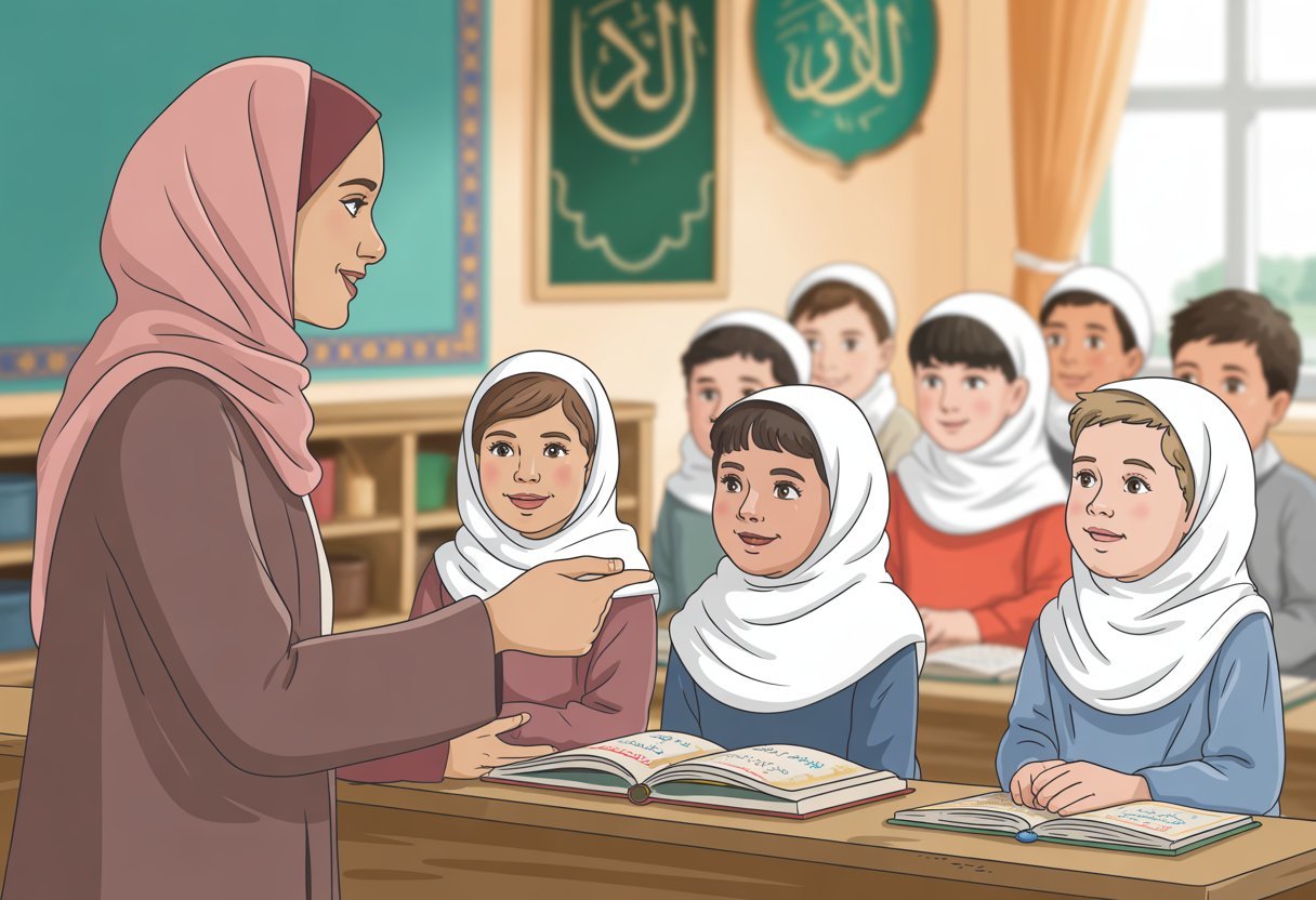 UK Quran Academy: Hijabi teacher helps children learn Salah in a welcoming classroom for British Muslims.