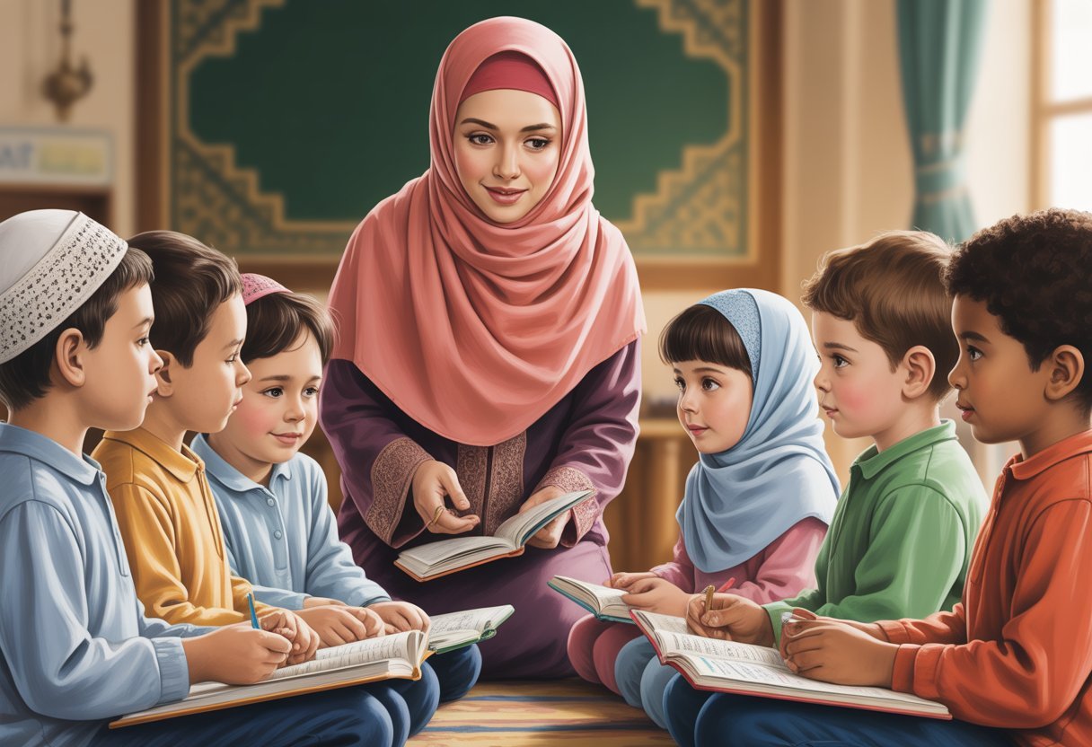 Islamic teacher in hijab guiding children in Salah at UK Quran Academy classroom.