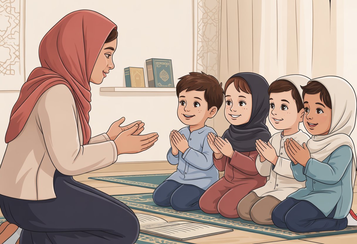 UK classroom: Hijabi teacher introduces young children to Salah, nurturing prayer skills and faith.