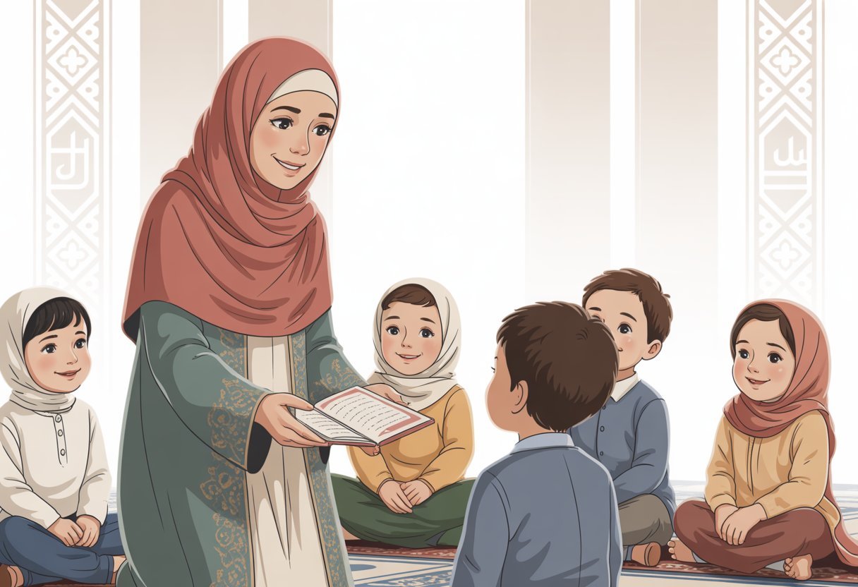 A UK Quran Academy female teacher in hijab teaching children about Salah Namaz in a bright classroom.