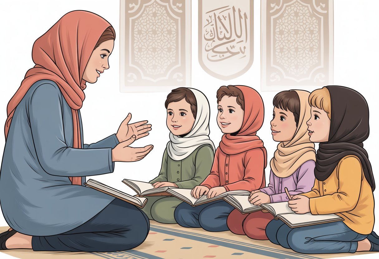 A UK Quran Academy teacher in hijab guiding children through Arabic words and phrases in a welcoming classroom.