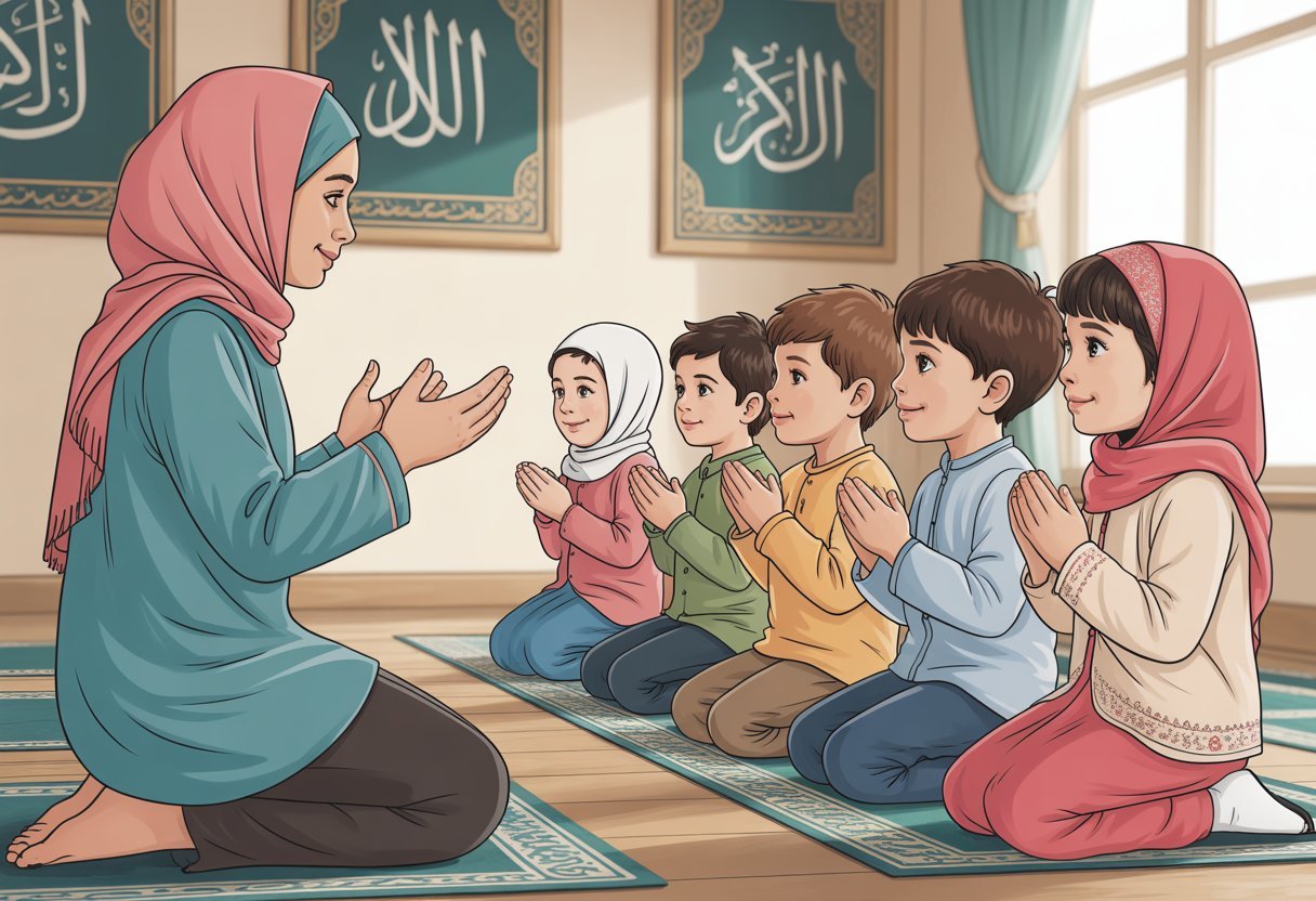 A UK Quran Academy teacher in hijab showing children how to perform Salah in a classroom.